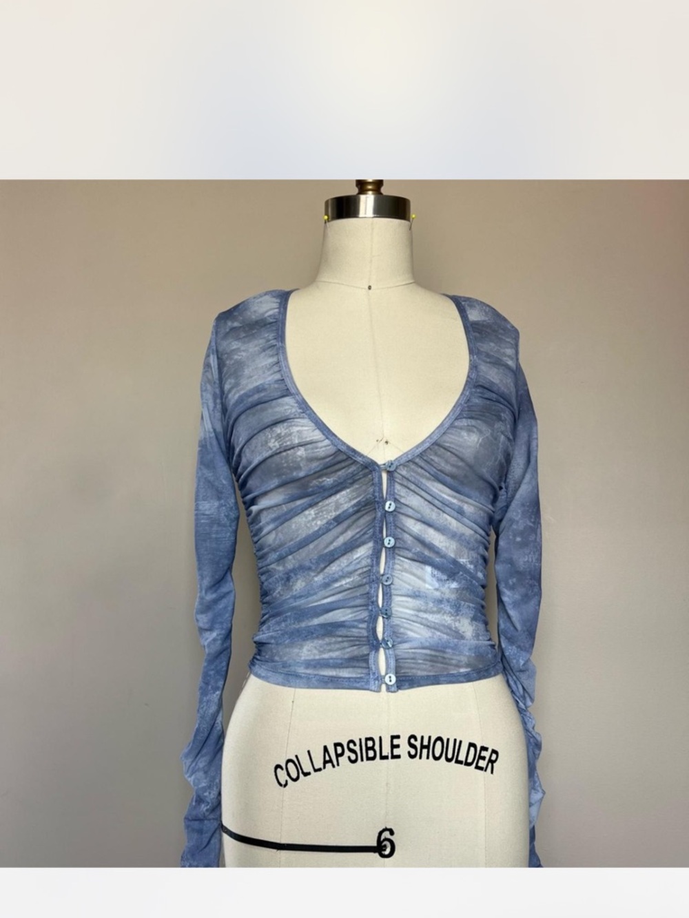 Zara Dusty Blue Ruched Button-Front Long Sleeve Top